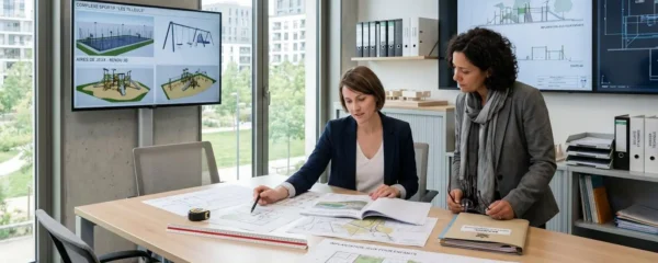 Bureau d'études moderne avec plans 3D d'équipements sportifs affichés sur écran, technicien et responsable municipal analysant le projet d'aménagement