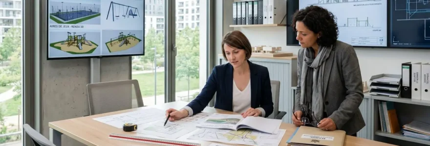 Bureau d'études moderne avec plans 3D d'équipements sportifs affichés sur écran, technicien et responsable municipal analysant le projet d'aménagement