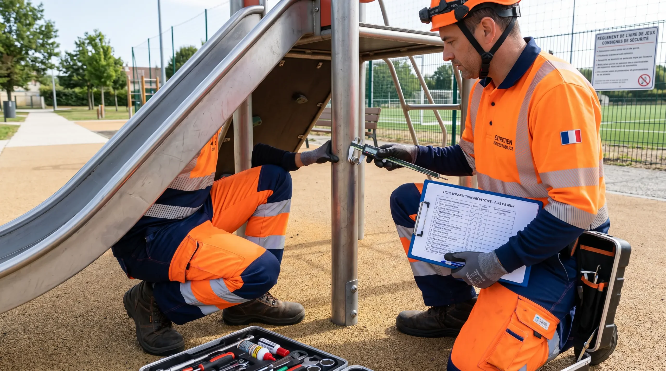 Technicien de maintenance effectuant un contrôle préventif sur équipement sportif avec outils de mesure et checklist professionnel