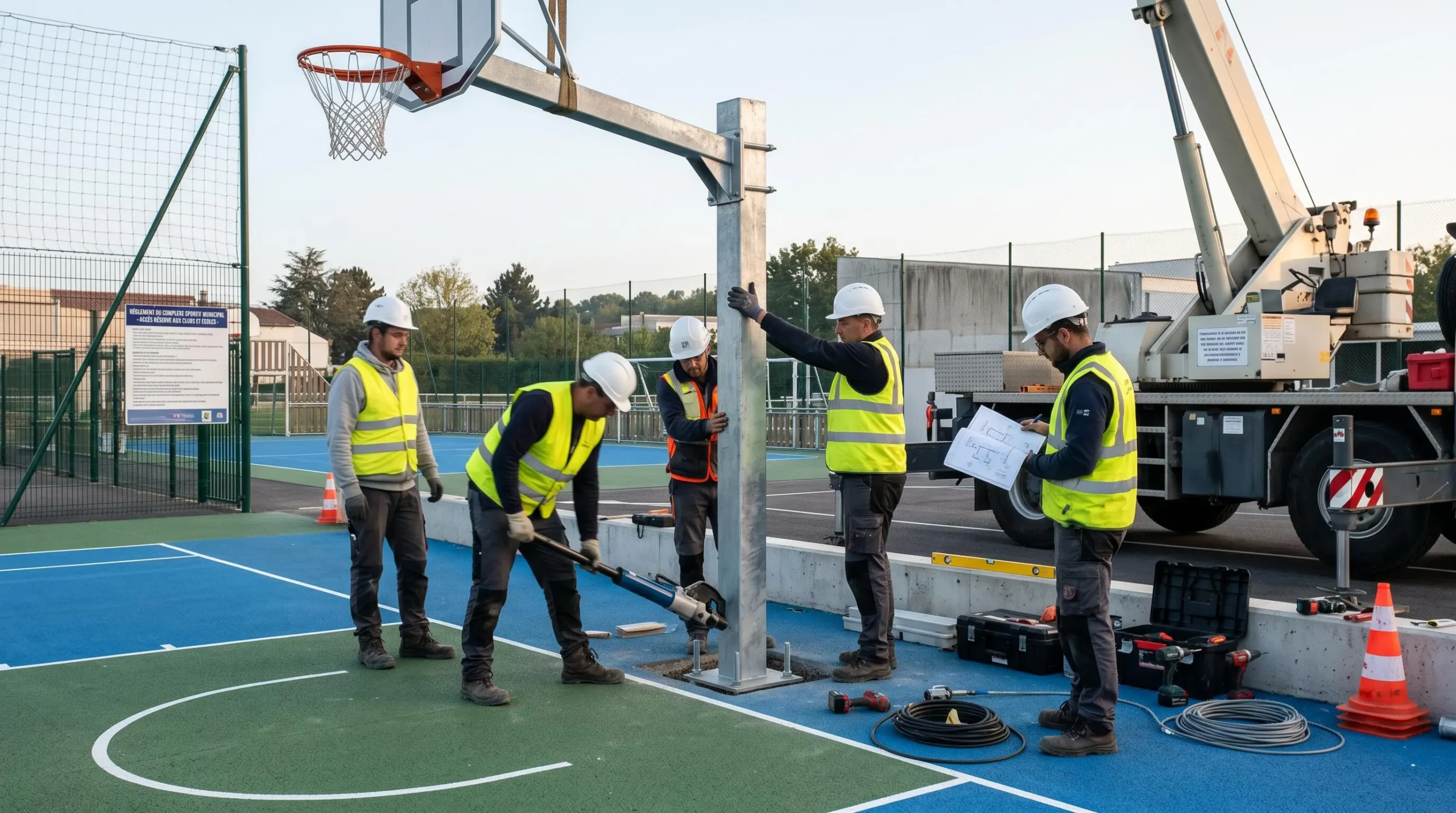 Techniciens qualifiés installant des équipements sportifs sur terrain multisport avec outillage professionnel et grue légère